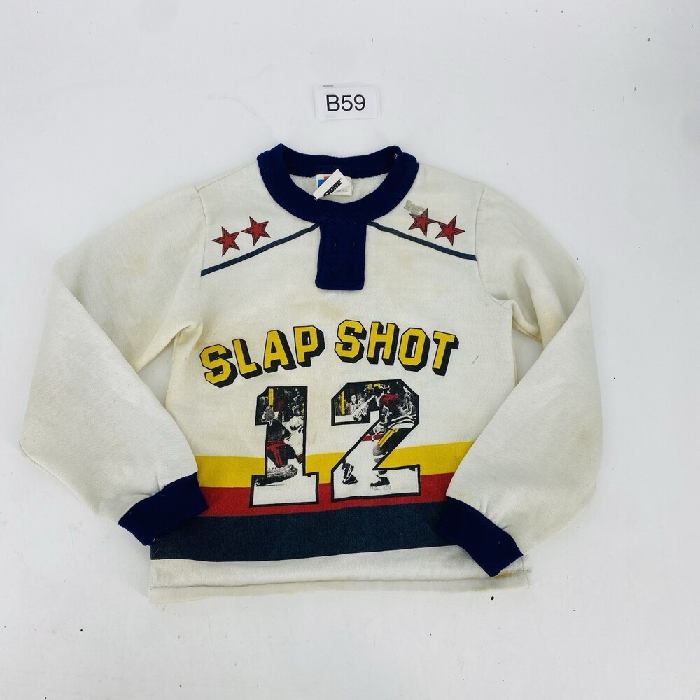 Vintage Slap Shot Hockey Shirt Kids White Blue Long Sleeve Distressed Boy's 6